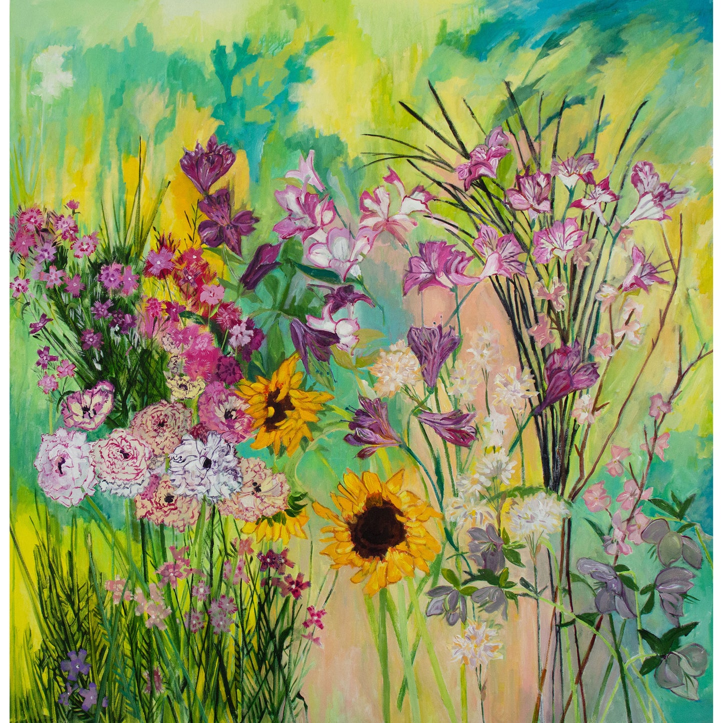 Rununculas Sunflowers Asters Alstromeria Hellebore Echoes by Lila Bacon