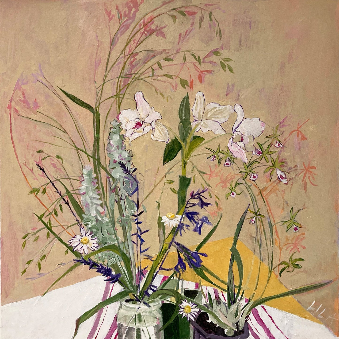 C-LB338-COVID-Red-Stripe-Tablecloth-06-2020-24x24-acrylic-flower-paintings-by-Lila-Bacon