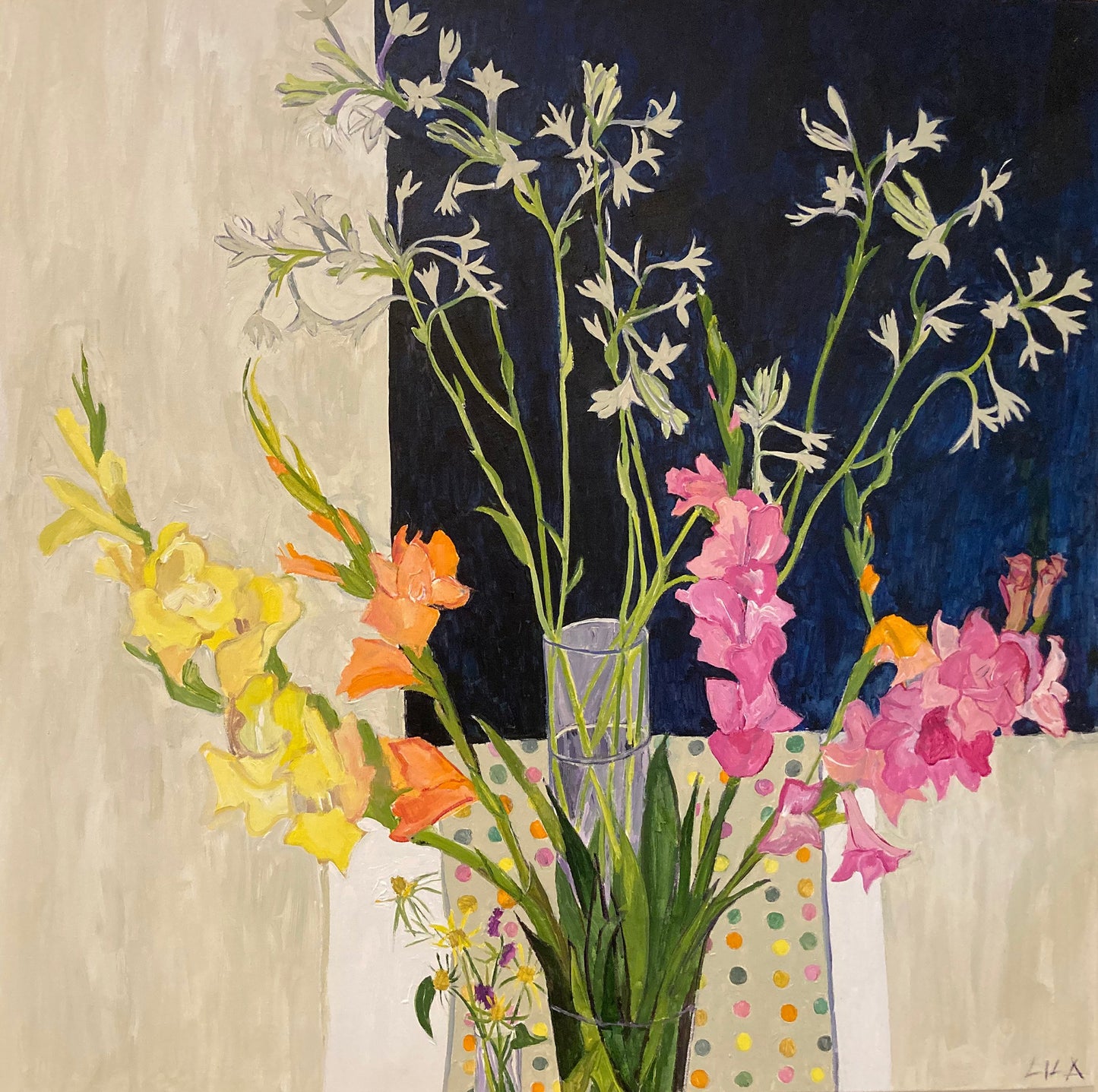 C-LB347 COVID Gladiola 08-2020 36x36 Acrylic Flower Paintings by Lila Bacon