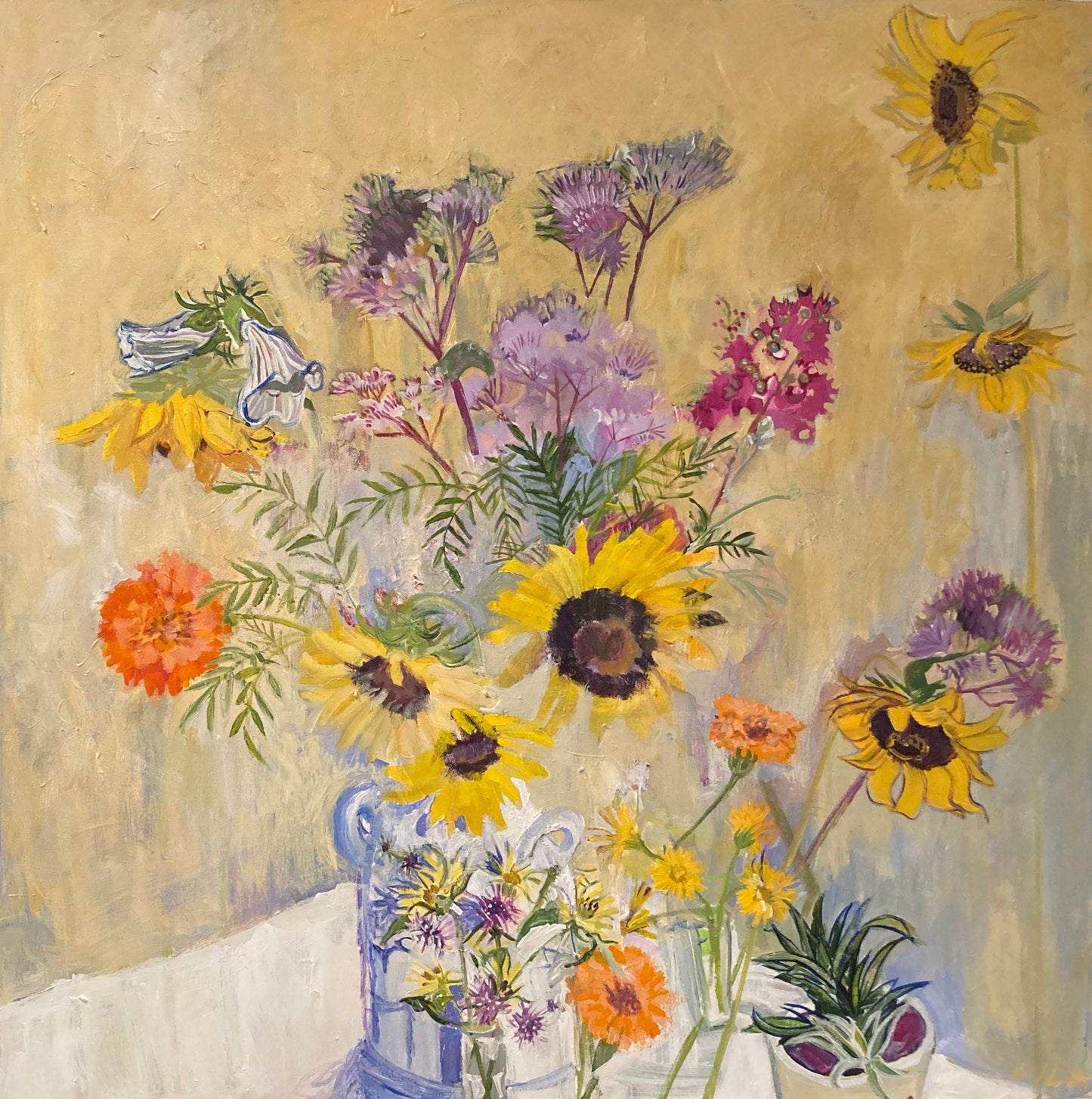 C-LB348 COVID Sunflowers and Others 08-2020 36x36 Acrylic Flower Paintings by Lila Bacon