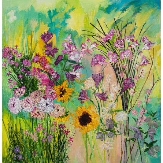 Rununculas Sunflowers Asters Alstromeria Hellebore Echoes by Lila Bacon