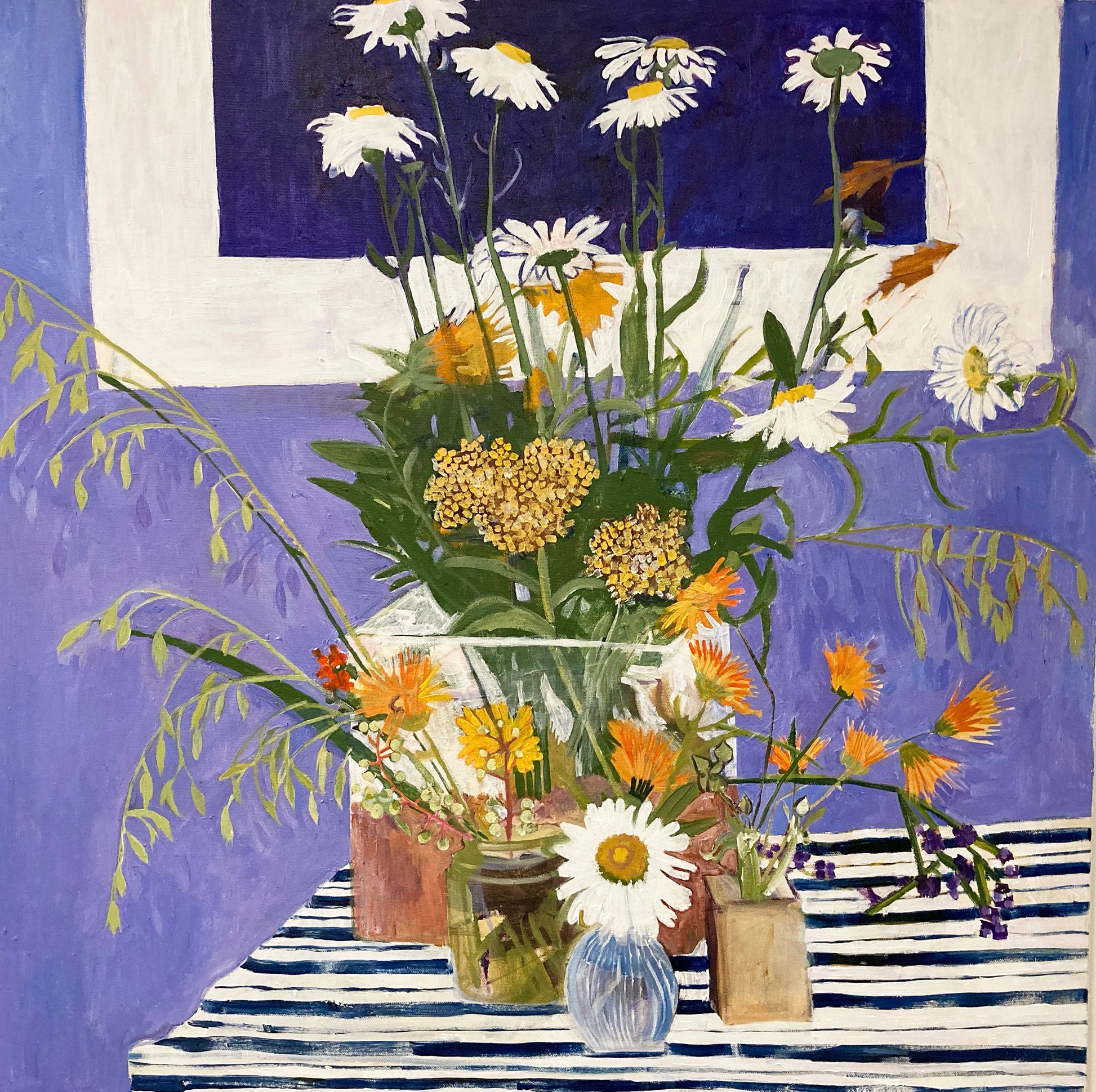 C-LB340-COVID-Blue-Stripe-Tablecloth-06-2020-30x30-acrylic-flower-paintings-by-Lila-Bacon