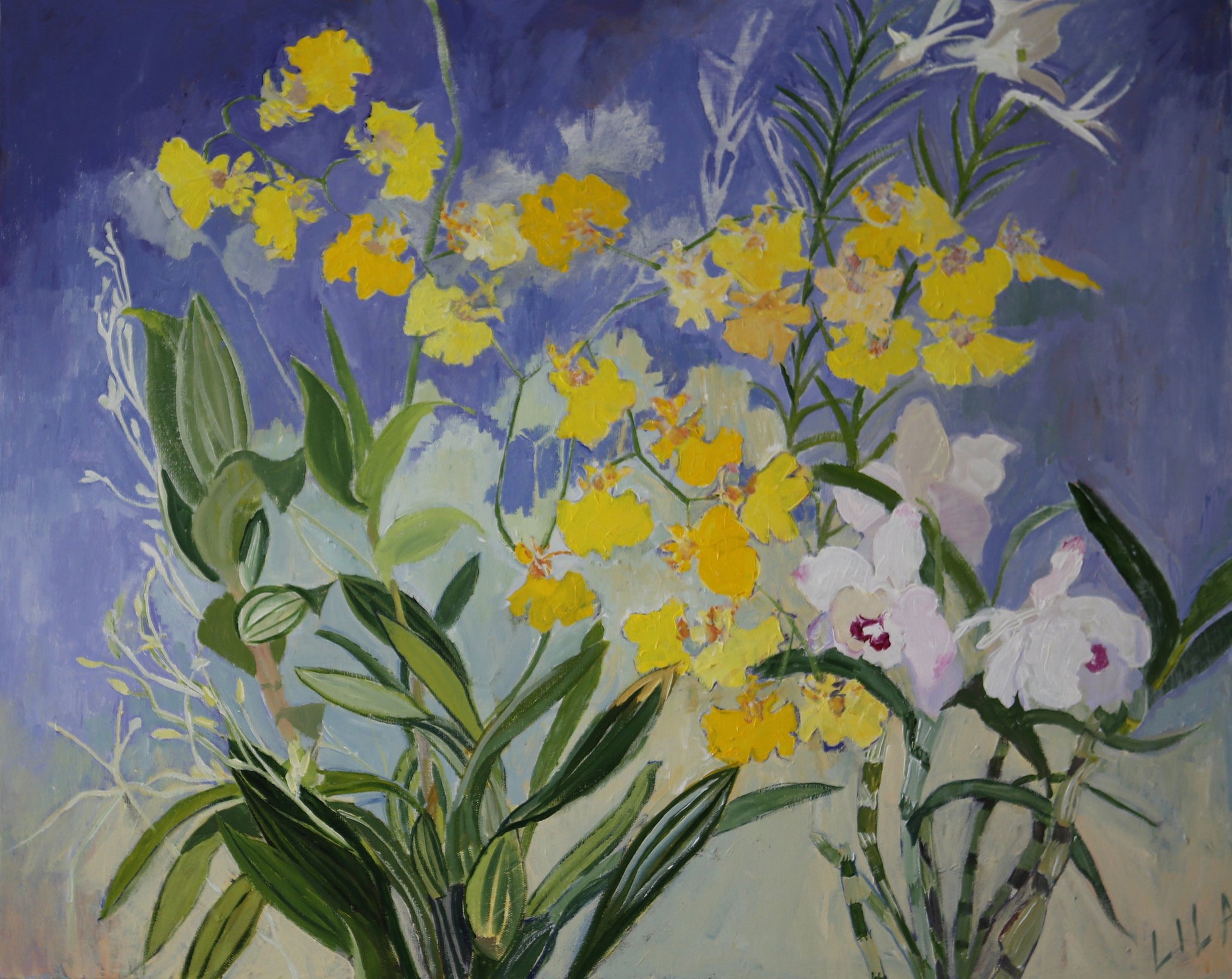 C-LB333 Covid Norms Orchids 05-2020 24x30 Acrylic Flower Paintings by Lila Bacon